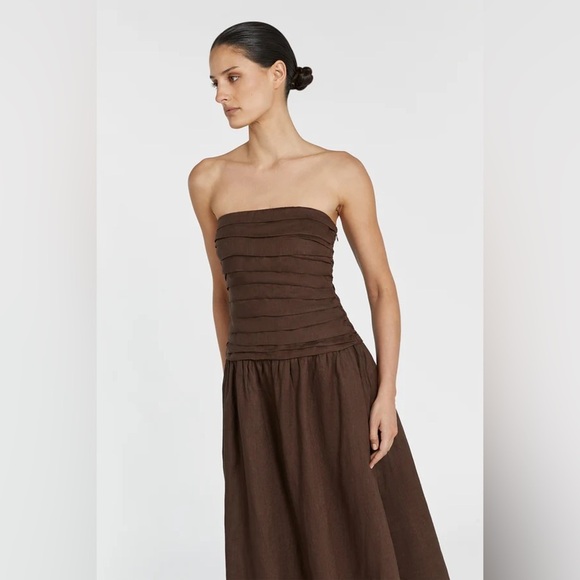 DISSH Catania Brown Linen Ruched Strapless A-line Dress in Bitter Chocolate US 8 - Picture 2 of 6